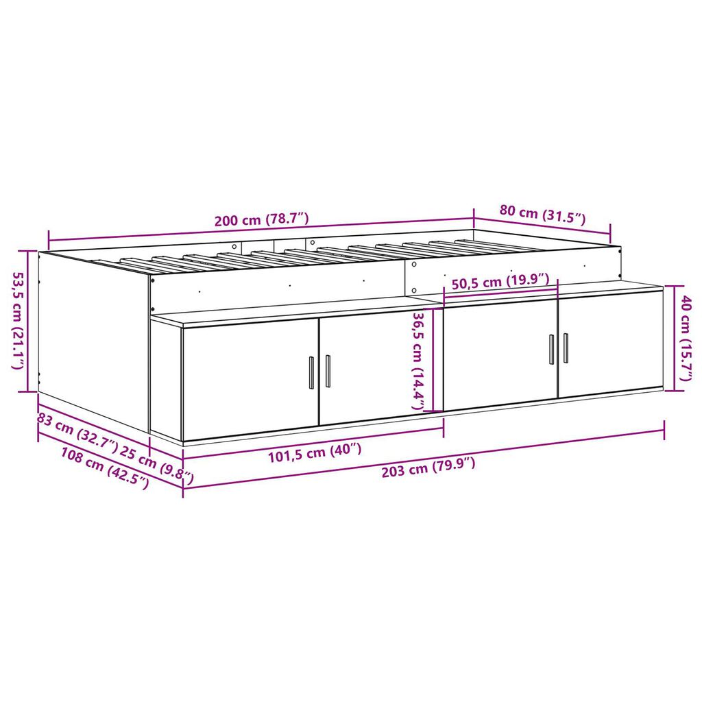 vidaXL Κρεβάτι με αποθηκευτικό χώρο Γκρι sonoma 80 x 200 cm