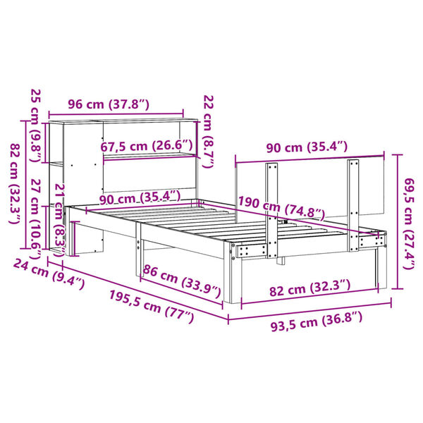 vidaXL Κρεβάτι Βιβλιοθήκη Χωρίς Στρώμα 90x190 εκ Μασίφ Ξύλο Πεύκου