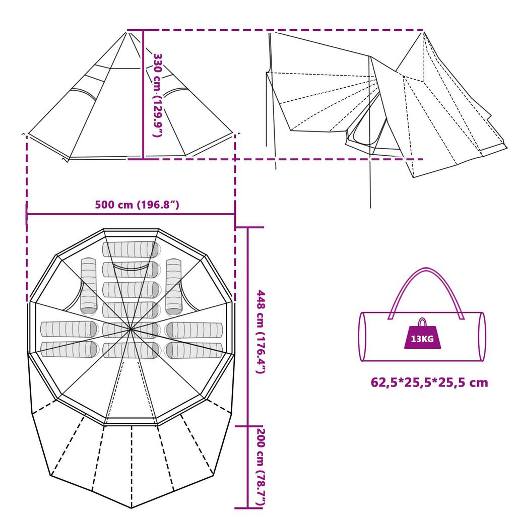 vidaXL Οικογενειακή Τέντα Tipi Πράσινη Waterproof για 12 Άτομα
