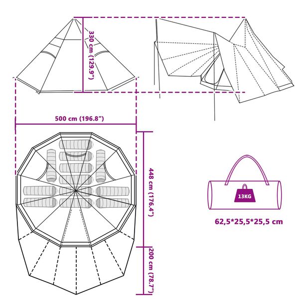 vidaXL Οικογενειακή Τέντα Tipi Πράσινη Waterproof για 12 Άτομα