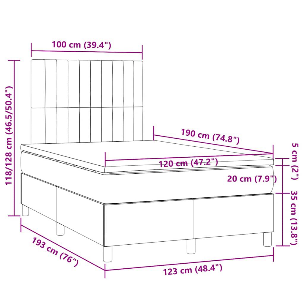 vidaXL Κρεβάτι Boxspring με Στρώμα & LED Κρεμ 120x190 εκ. Υφασμάτινο