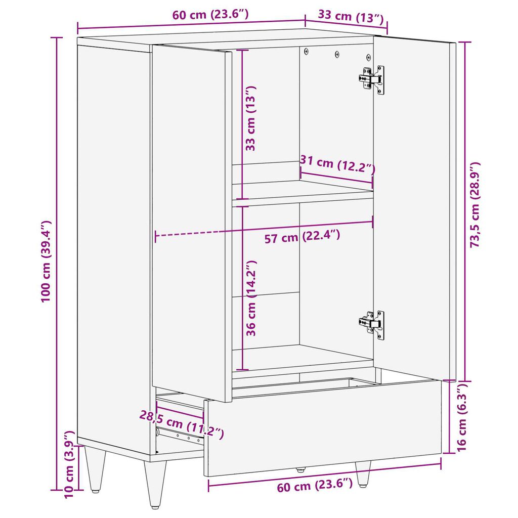 vidaXL Υψηλό ντουλάπι 60x33x100 εκ. Μασίφ ξύλο μάνγκο