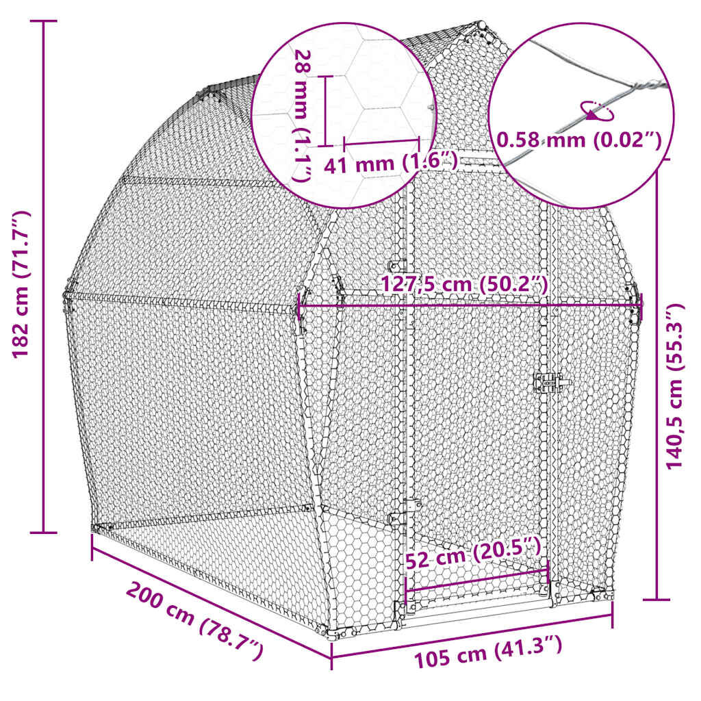 vidaXL Κοτέτσι - Κλουβί Ασημί 200x105x182 εκ. από Γαλβανισμένο Χάλυβα