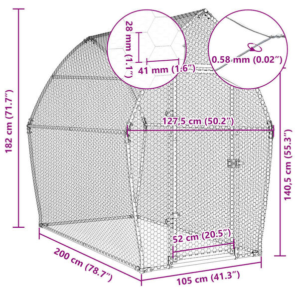 vidaXL Κοτέτσι - Κλουβί Ασημί 200x105x182 εκ. από Γαλβανισμένο Χάλυβα
