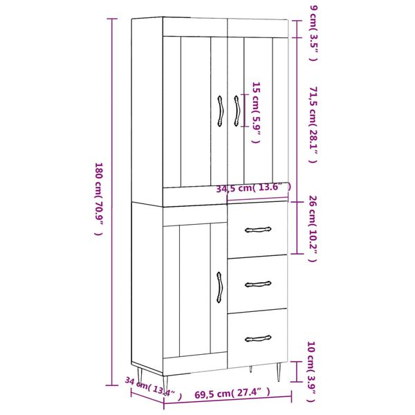 vidaXL Ντουλάπι Λευκό 69,5x34x180 εκ. από Επεξεργασμένο Ξύλο