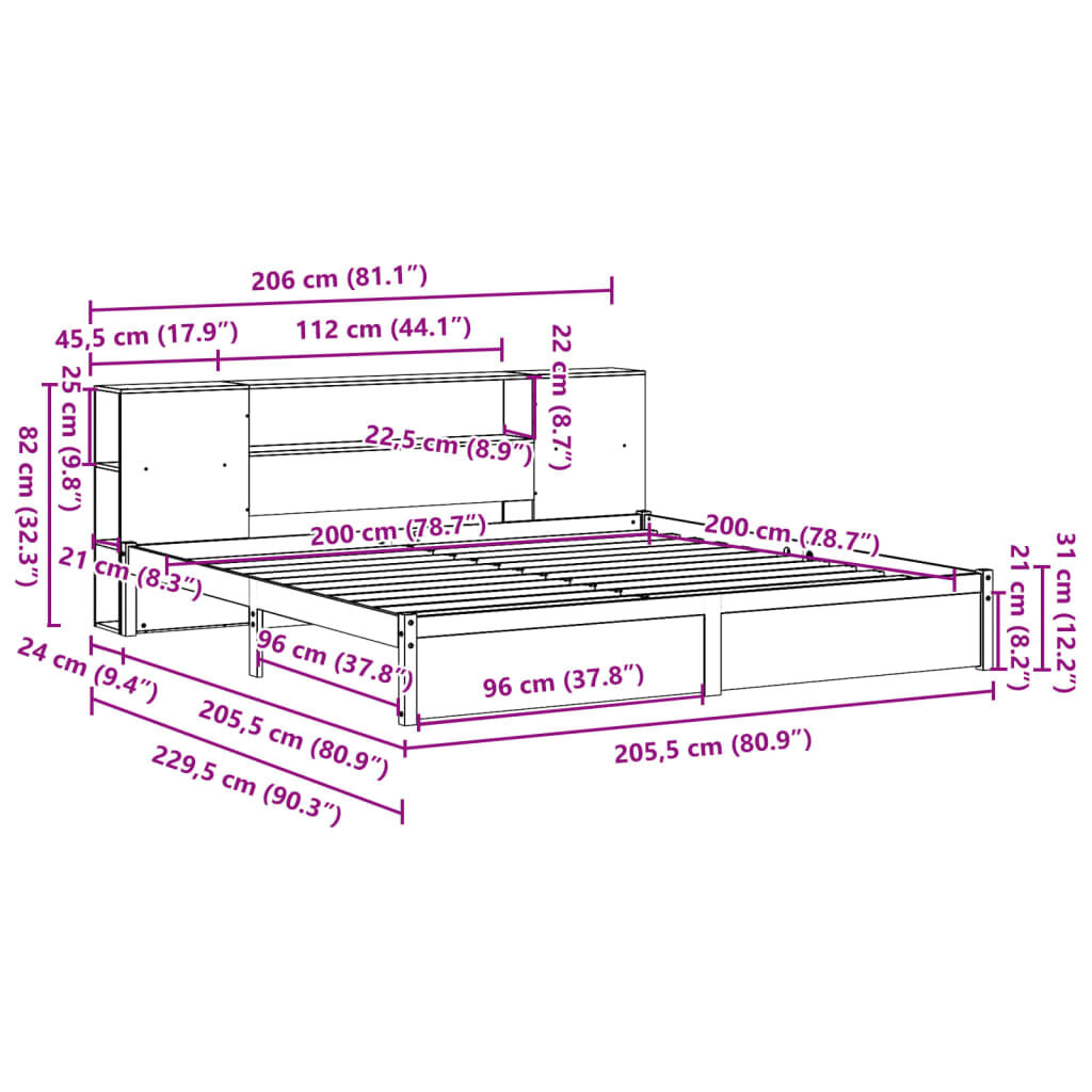 vidaXL Κρεβάτι Βιβλιοθήκη Χωρίς Στρώμα 200x200 εκ Μασίφ Ξύλο Πεύκου