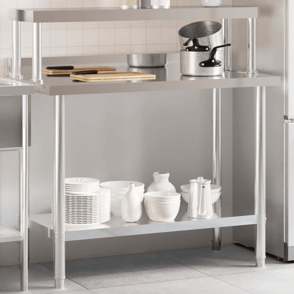 vidaXL Πάγκος Εργασίας Κουζίνας με Ράφι 110x55x120 εκ. Ανοξείδ. Ατσάλι