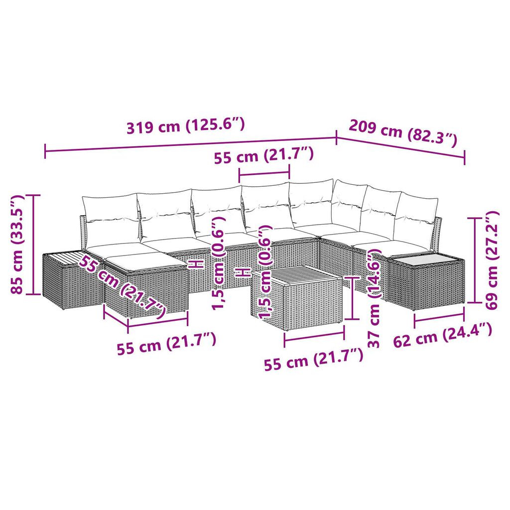 vidaXL Σετ Καναπέ Κήπου με μαξιλάρι 9 pcs Μπεζ Πολυ ράταν
