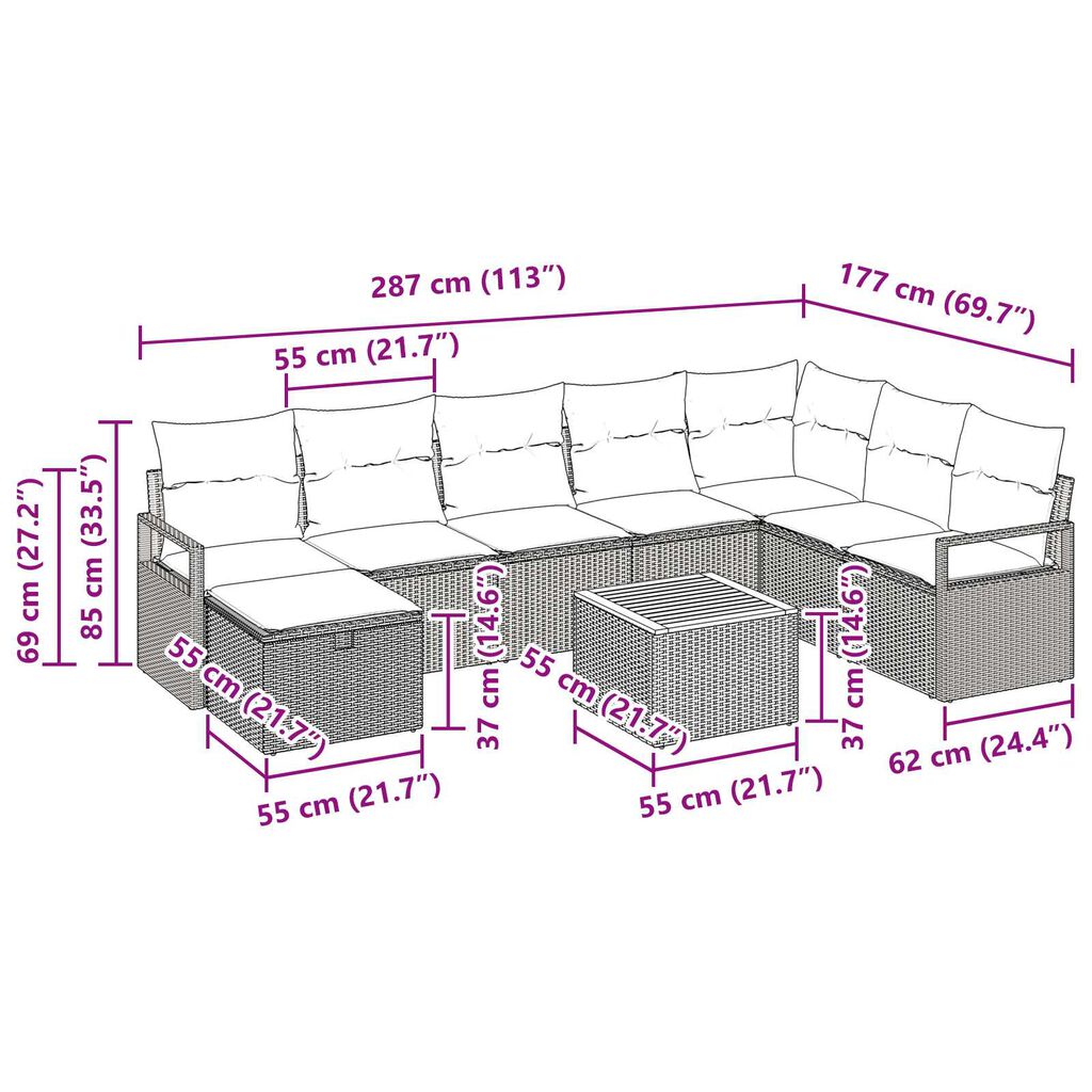 vidaXL Σετ Καναπέ Κήπου με μαξιλάρι 9 pcs Γκρι Πολυ ράταν