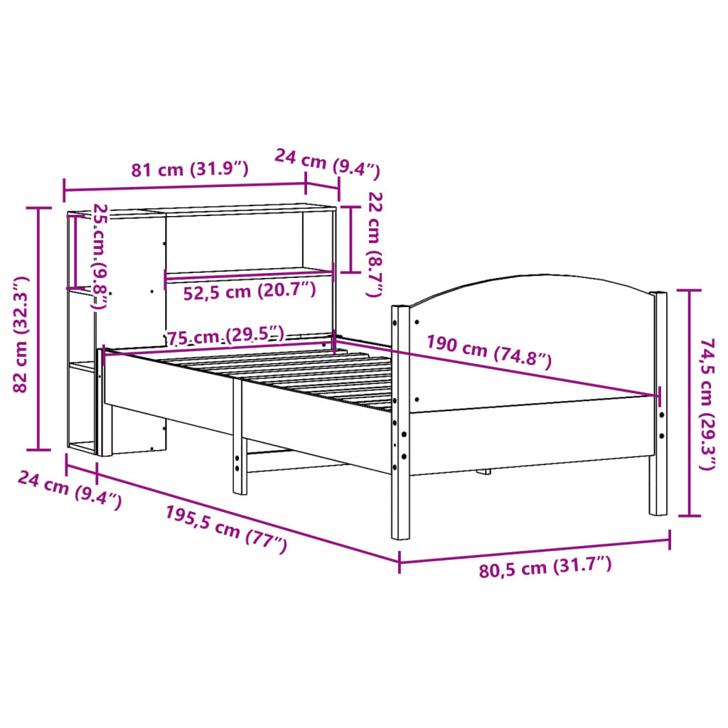 vidaXL Κρεβάτι Βιβλιοθήκη Χωρίς Στρώμα 75x190 εκ Μασίφ Ξύλο Πεύκο