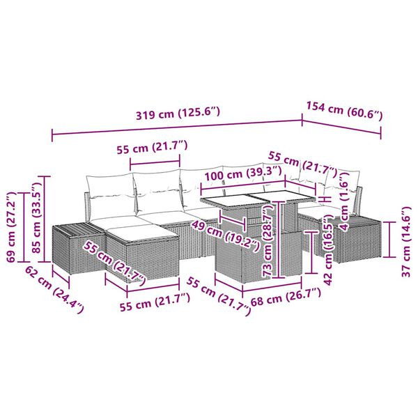 vidaXL Σετ Καναπέ Κήπου με αποθήκευση 8 pcs Καφέ Πολυ ράταν