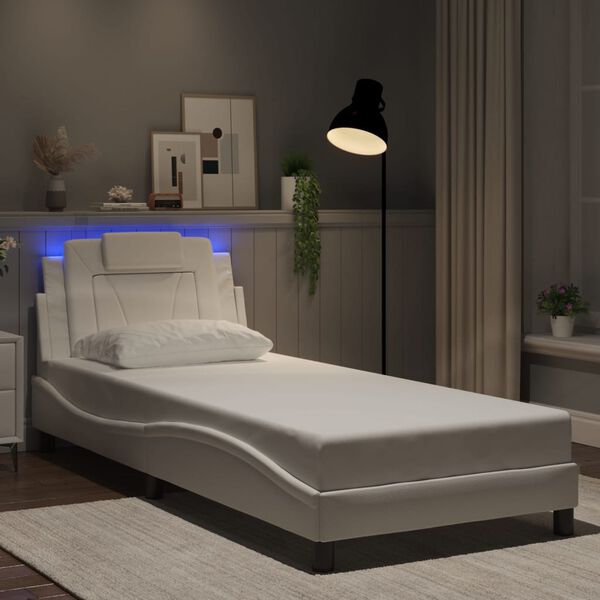 vidaXL Πλαίσιο Κρεβατιού με LED Λευκό 90x190 εκ. Συνθετικό Δέρμα