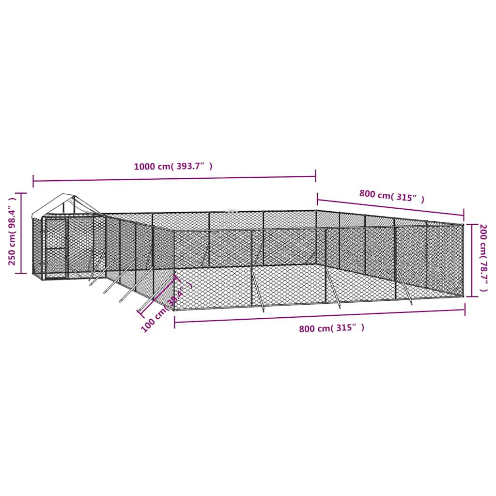 vidaXL Κλουβί Σκύλου Εξ. Χώρου με Οροφή Ασημί 10x8x2,5 μ. Γαλβ. Ατσάλι
