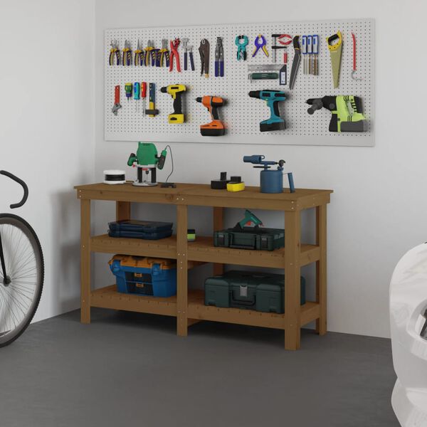 vidaXL Πάγκος Εργασίας Μελί Καφέ 142,5 x 50 x 80 εκ. Μασίφ Ξύλο Πεύκου