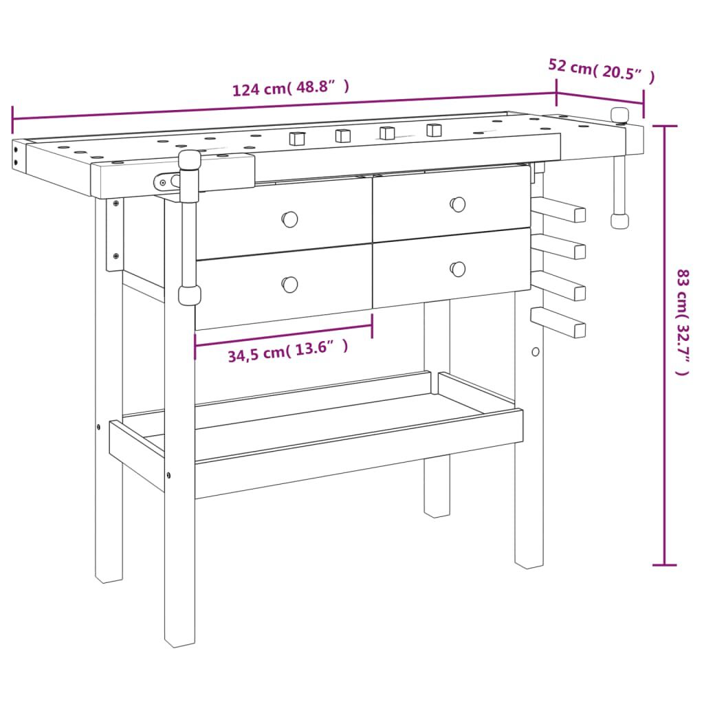 vidaXL Πάγκος Εργασίας με Συρτάρια/Μέγγενες 124x52x83 εκ. Μασίφ Ακακία