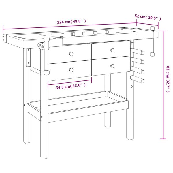 vidaXL Πάγκος Εργασίας με Συρτάρια/Μέγγενες 124x52x83 εκ. Μασίφ Ακακία