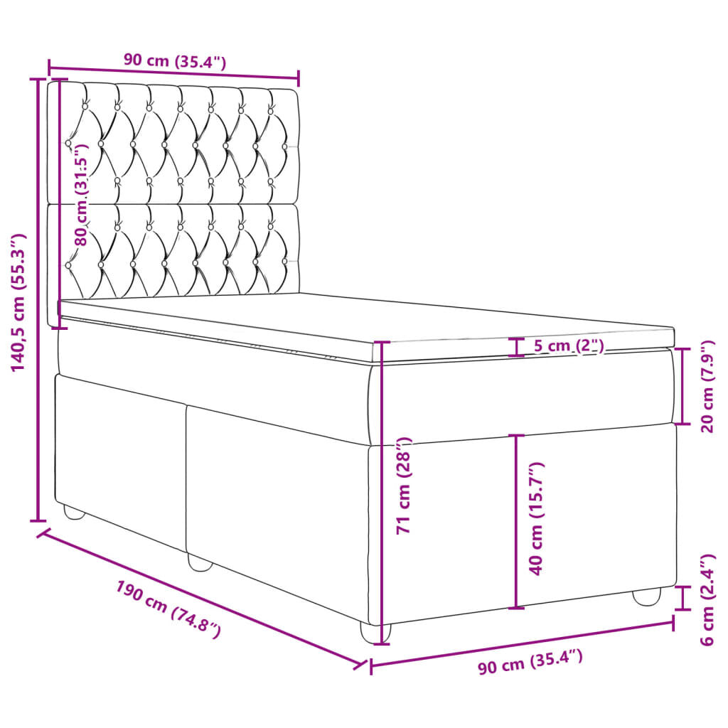 vidaXL Κρεβάτι Boxspring με Στρώμα Μαύρο 90x190 εκ.Υφασμάτινο