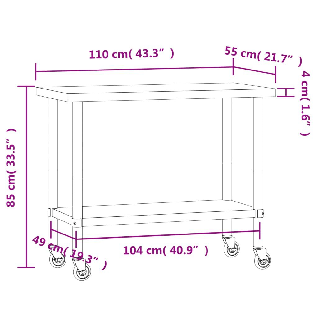 vidaXL Πάγκος Εργασίας Κουζίνας με Ροδάκια 110x55x85 εκ. Ανοξ. Ατσάλι