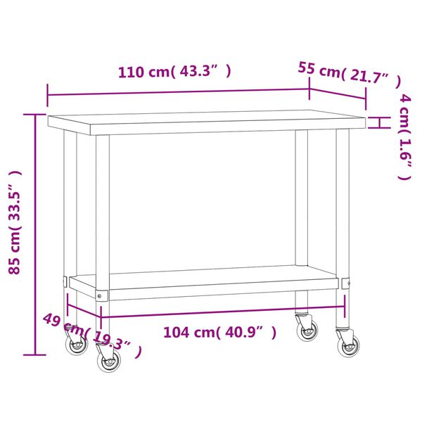vidaXL Πάγκος Εργασίας Κουζίνας με Ροδάκια 110x55x85 εκ. Ανοξ. Ατσάλι