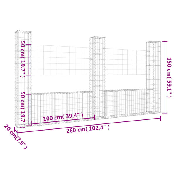 vidaXL Συρματοκιβώτια Στύλοι σε U Σχήμα 3 τεμ. 260x20x150 εκ Σιδερένια