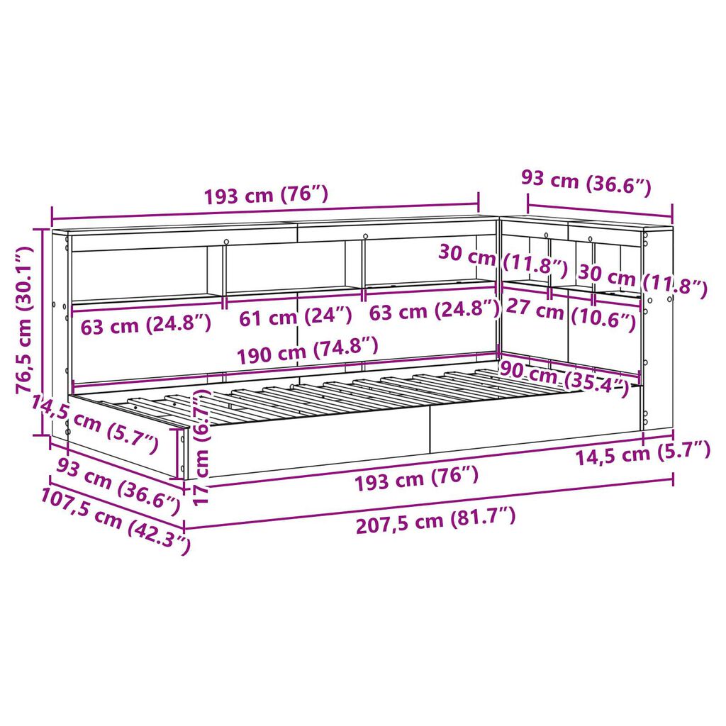 vidaXL Κρεβάτι Βιβλιοθήκης Λευκό 90x190 εκ. με Ξύλο Μηχανικής Κατασκευής