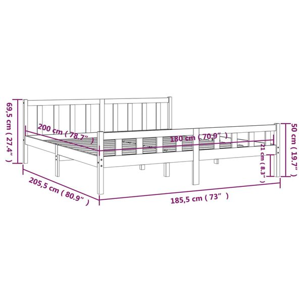 vidaXL Πλαίσιο Κρεβατιού Γκρι 180 x 200 εκ Ξύλο Πεύκου Super King