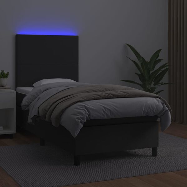vidaXL Κρεβάτι Boxspring με Στρώμα & LED Μαύρο 90x200 εκ. Συνθ. Δέρμα