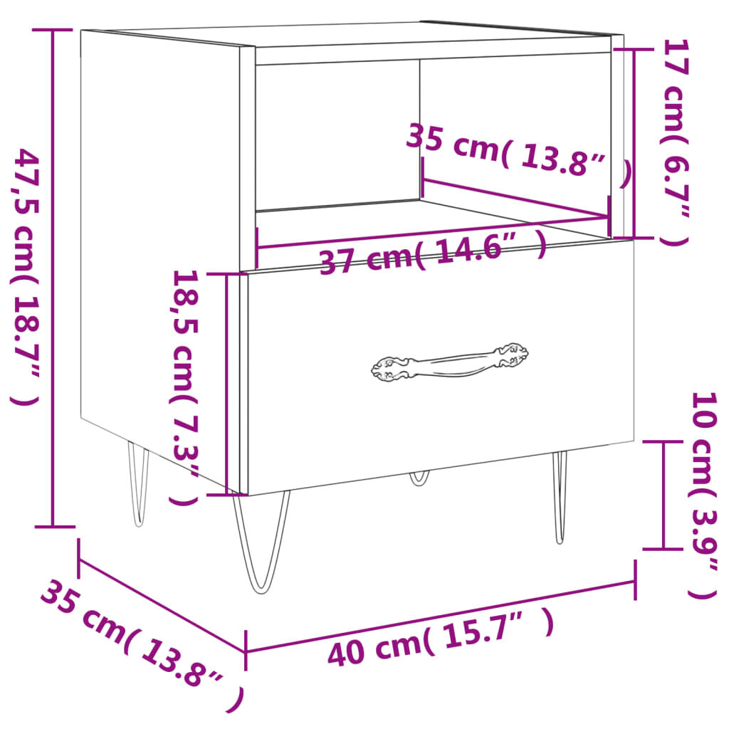 vidaXL Κομοδίνα 2 τεμ. Γκρι Σκυροδεμ. 40 x 35 x 47,5 εκ. Επεξεργ. Ξύλο