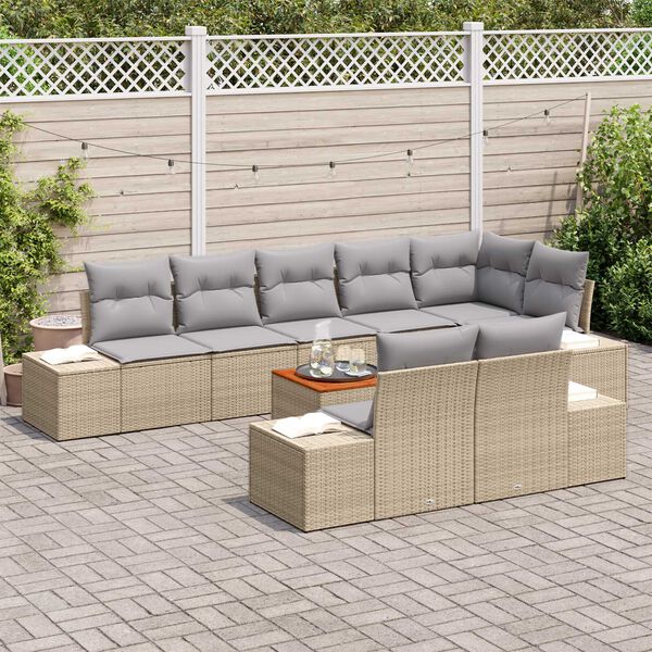 vidaXL Σετ Καναπέ Κήπου με μαξιλάρι 9 pcs Μπεζ Πολυ ράταν