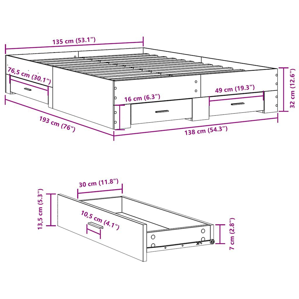 vidaXL Πλαίσιο Κρεβατιού με συρτάρια Γκρι sonoma 135x190εκ. Επεξ. Ξύλο