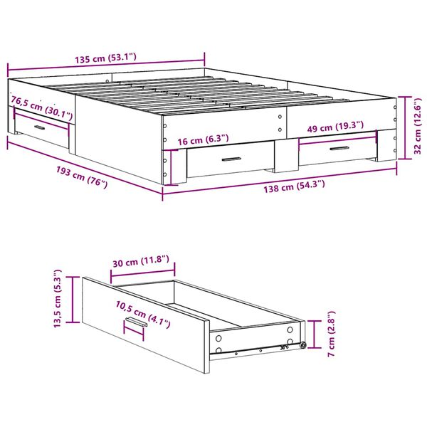 vidaXL Πλαίσιο Κρεβατιού με συρτάρια Γκρι sonoma 135x190εκ. Επεξ. Ξύλο