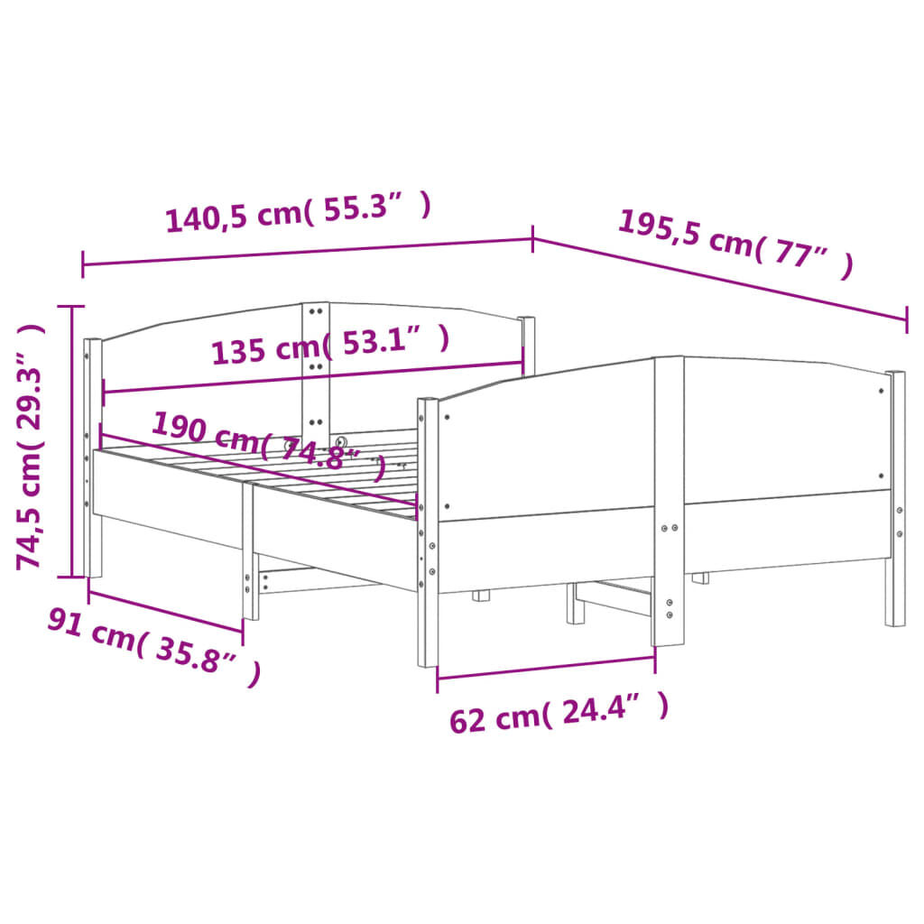 vidaXL Σκελετός Κρεβατιού Χωρίς Στρώμα 135x190 εκ Μασίφ Ξύλο Πεύκου