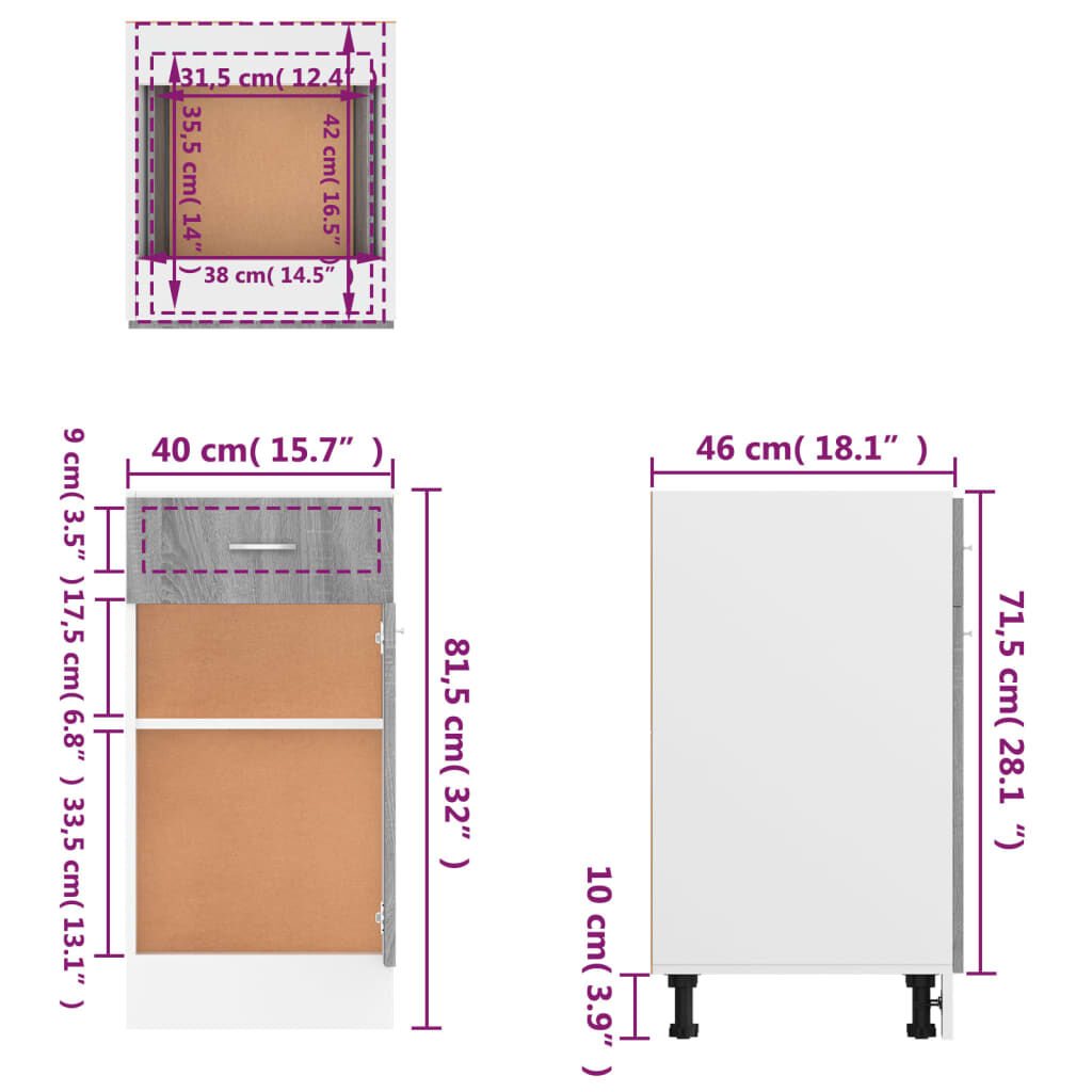 vidaXL Έπιπλο Με Συρτάρι Lyon Γκρι Sonoma 40 x 46 x 81,5εκ.