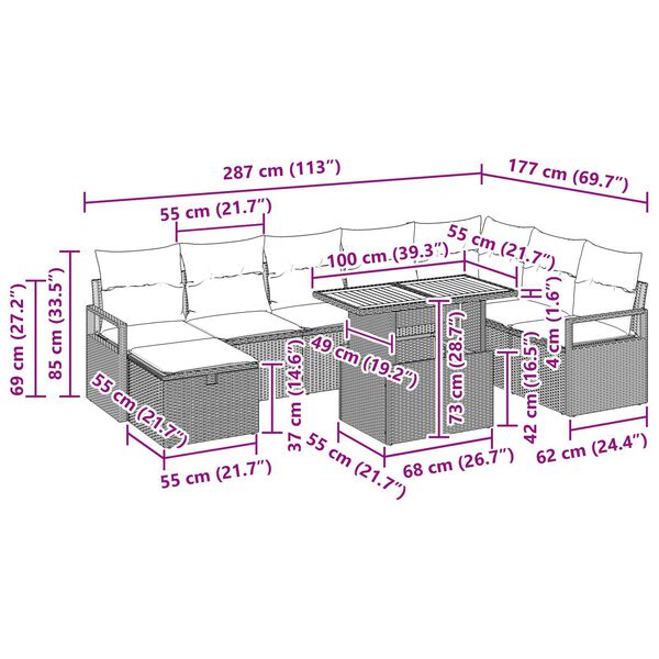 vidaXL Σετ Καναπέ Κήπου με μαξιλάρι 9 pcs Μαύρο Πολυ ράταν