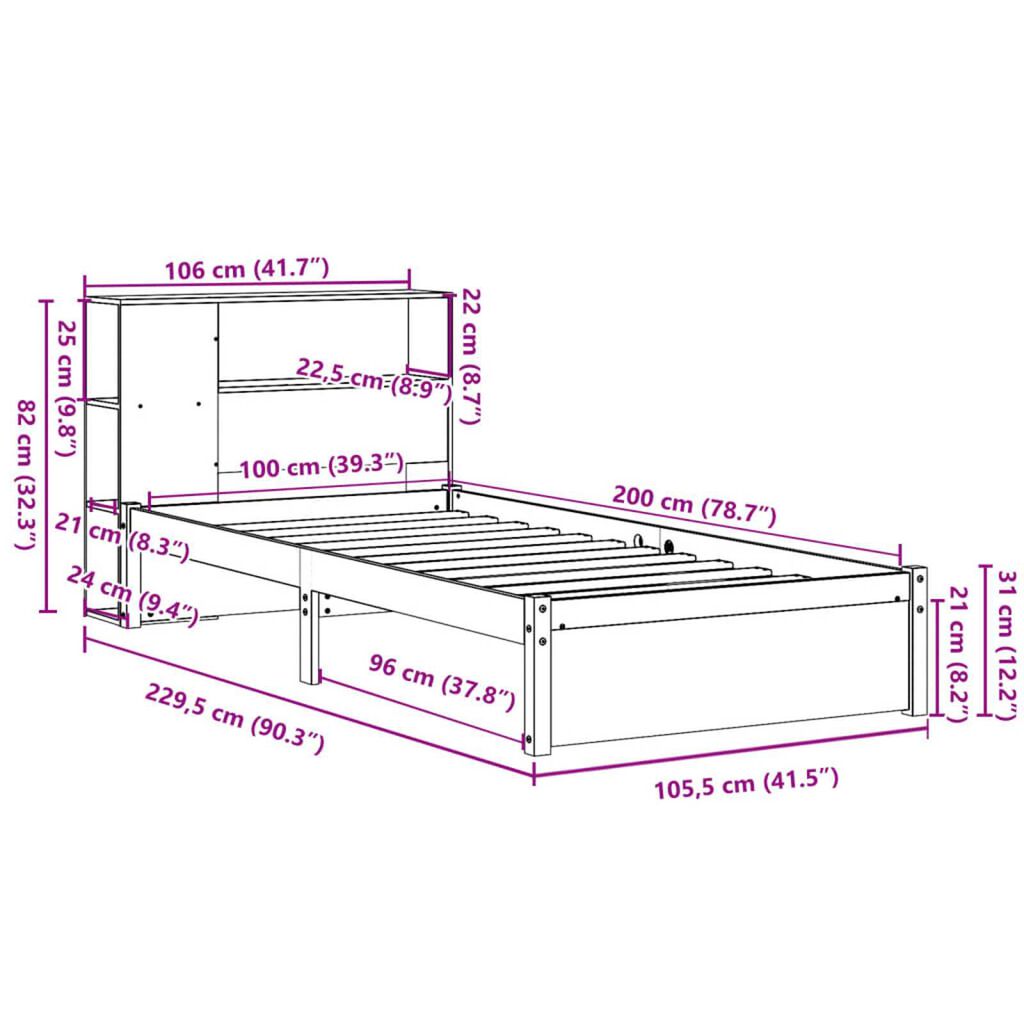 vidaXL Κρεβάτι Βιβλιοθήκη Χωρίς Στρώμα 100x200 εκ Μασίφ Ξύλο Πεύκου
