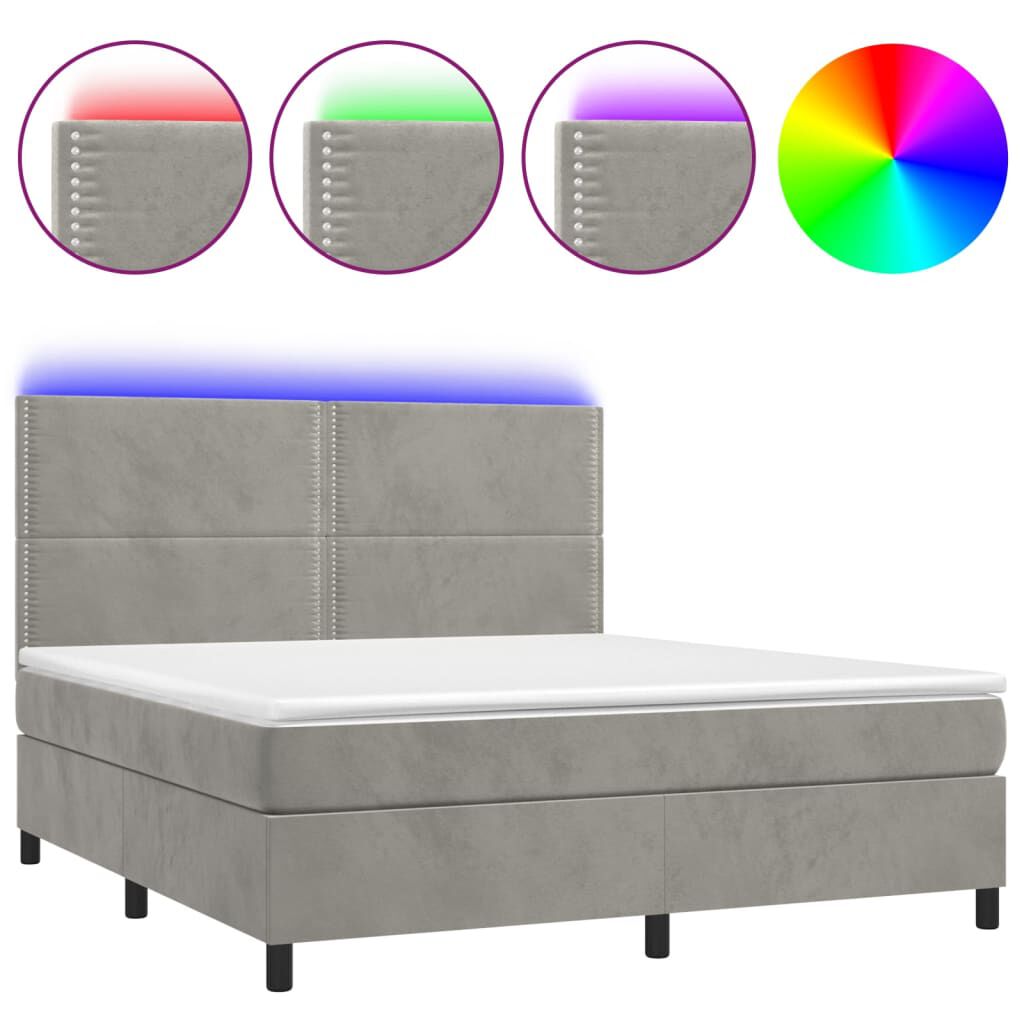 vidaXL Κρεβάτι Boxspring με Στρώμα & LED Αν.Γκρι 180x200 εκ. Βελούδινο