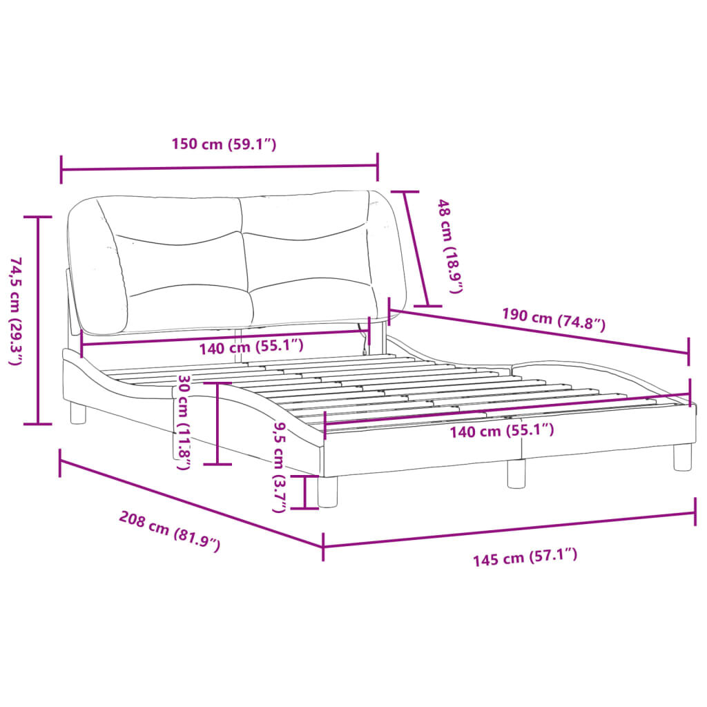 vidaXL Πλαίσιο Κρεβατιού με LED Γκρι 140x190εκ. Συνθετικό Δέρμα