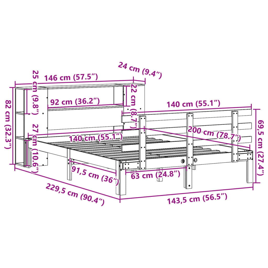 vidaXL Κρεβάτι Βιβλιοθήκη Χωρίς Στρώμα 140x200 εκ Μασίφ Ξύλο Πεύκο