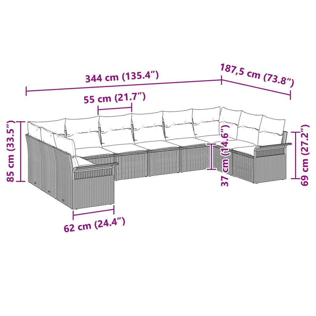 vidaXL Σετ Καναπέ Κήπου με μαξιλάρι 10 pcs Γκρι Πολυ ράταν