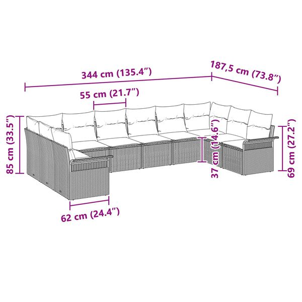 vidaXL Σετ Καναπέ Κήπου με μαξιλάρι 10 pcs Γκρι Πολυ ράταν