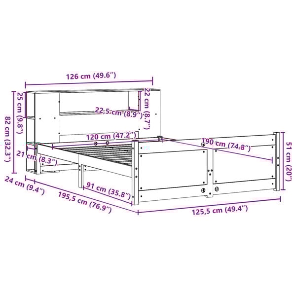 vidaXL Κρεβάτι Βιβλιοθήκη Χωρίς Στρώμα 120x190 εκ Μασίφ Ξύλο Πεύκου