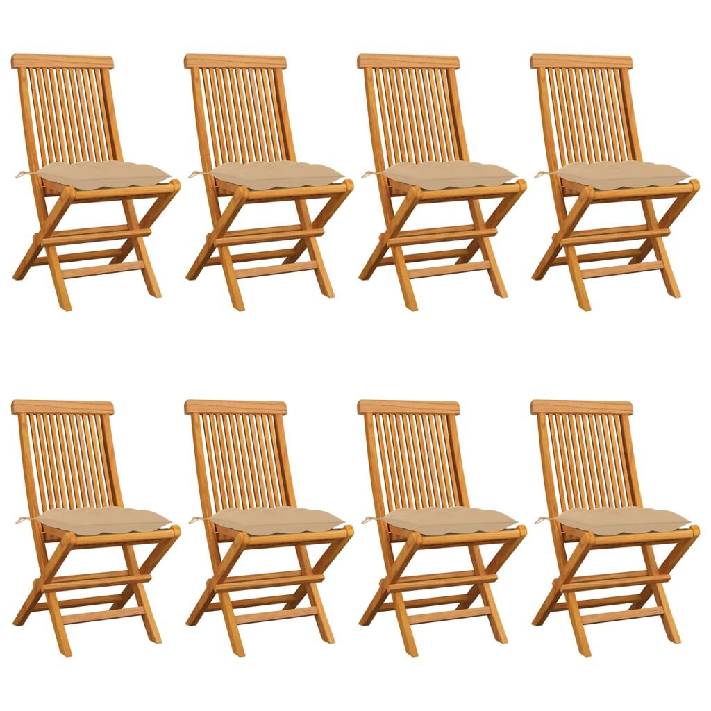 vidaXL Καρέκλες Κήπου 8 τεμ. από Μασίφ Ξύλο Teak με Μπεζ Μαξιλάρια
