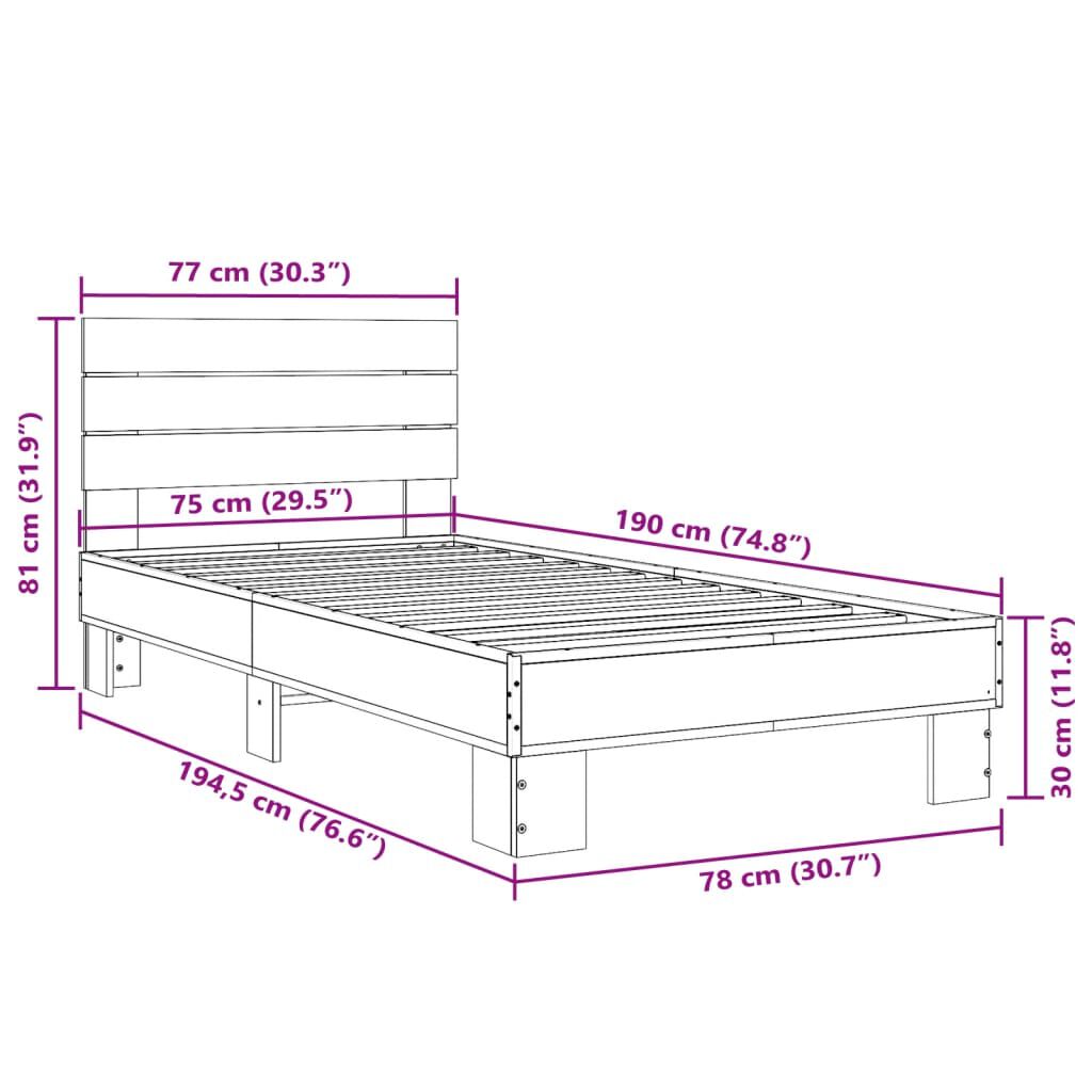 vidaXL Πλαίσιο Κρεβατιού Μαύρο 75 x 190 εκ. Επεξ. Ξύλο & Μέταλλο