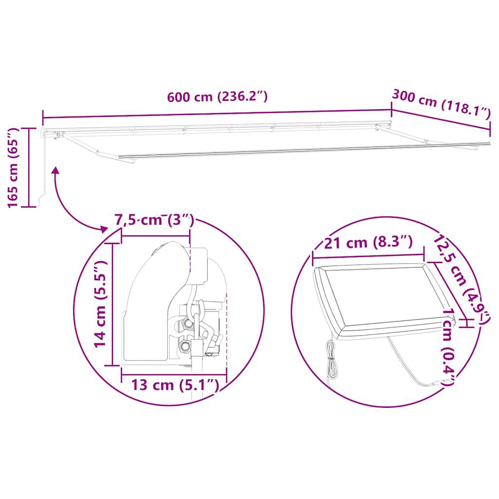 vidaXL Τέντα Πτυσσόμενη Χειροκίνητη με LED Καφέ 600x300 εκ.