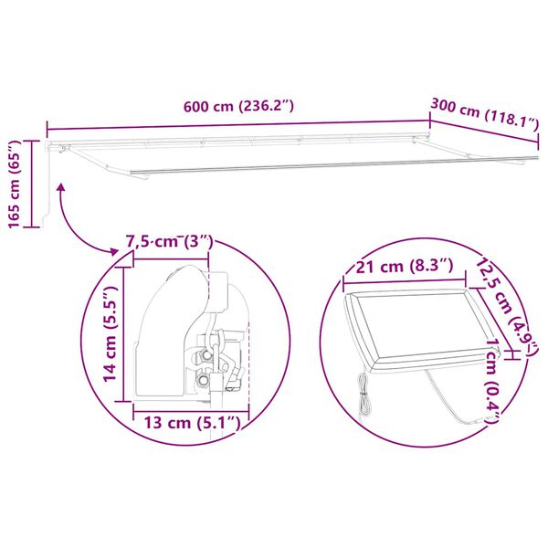 vidaXL Τέντα Πτυσσόμενη Χειροκίνητη με LED Καφέ 600x300 εκ.