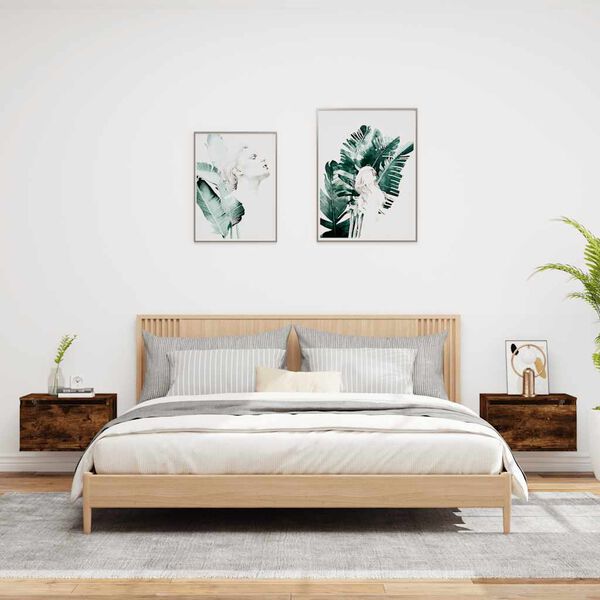 vidaXL Κομοδίνα Επιτοίχια με Φώτα LED 2 τεμ. Καπνιστή Δρυς