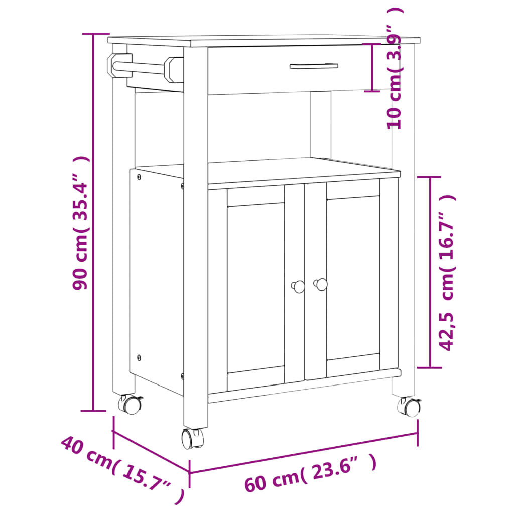 vidaXL Τρόλεϊ Κουζίνας MONZA 60x40x90 εκ. από Μασίφ Ξύλο Πεύκου