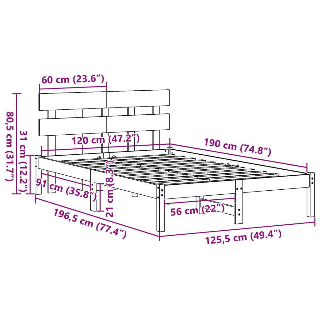 vidaXL Σκελετός Κρεβατιού Λευκό 120 x 190 cm Μασίφ ξύλο πεύκου