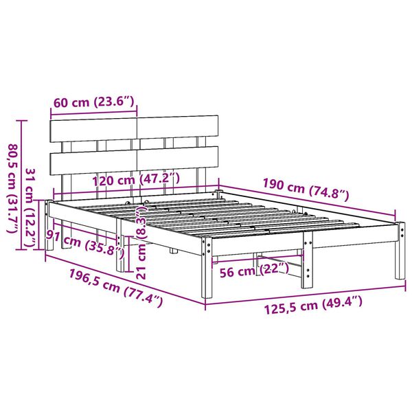vidaXL Σκελετός Κρεβατιού Λευκό 120 x 190 cm Μασίφ ξύλο πεύκου
