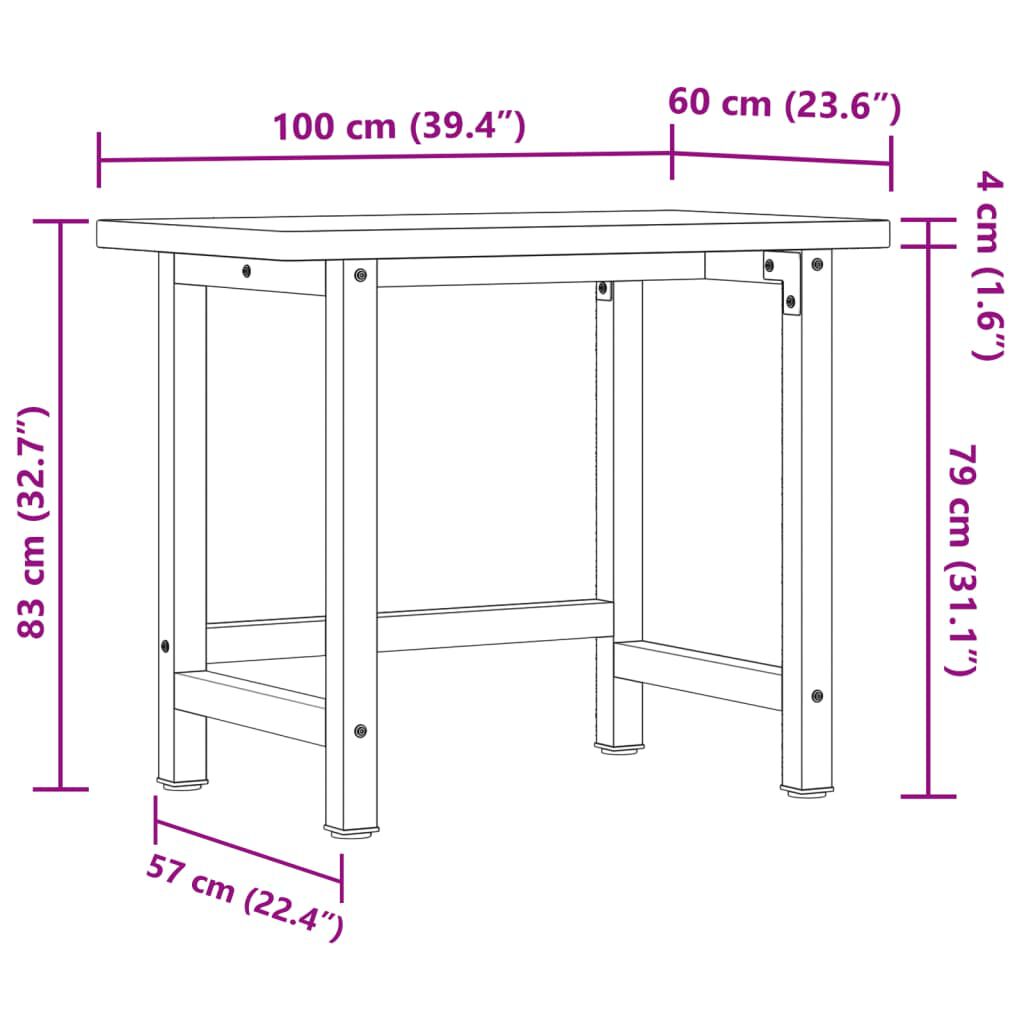 vidaXL Πάγκος Εργασίας Ορθογώνιος 100x60x83 εκ. από Μασίφ Ξύλο Δρυός